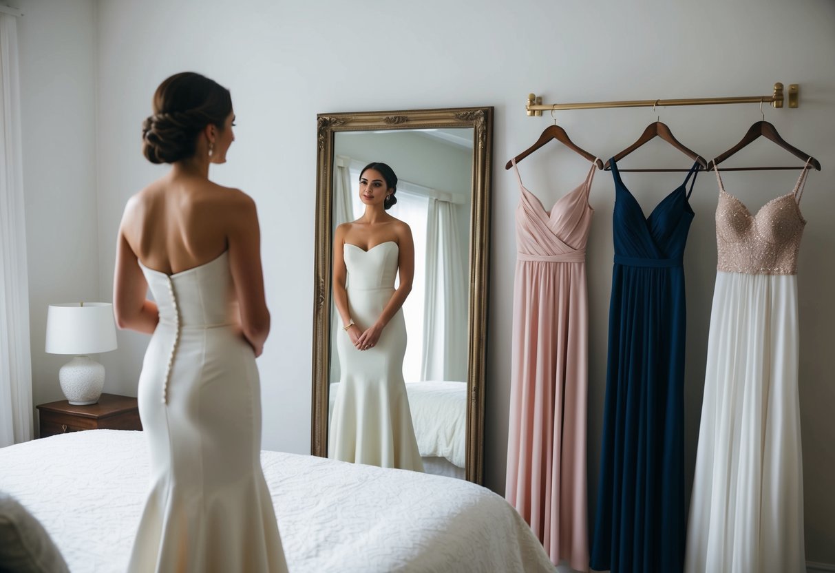 A woman in an elegant dress stands in front of a mirror, comparing the lengths of two dresses laid out on the bed