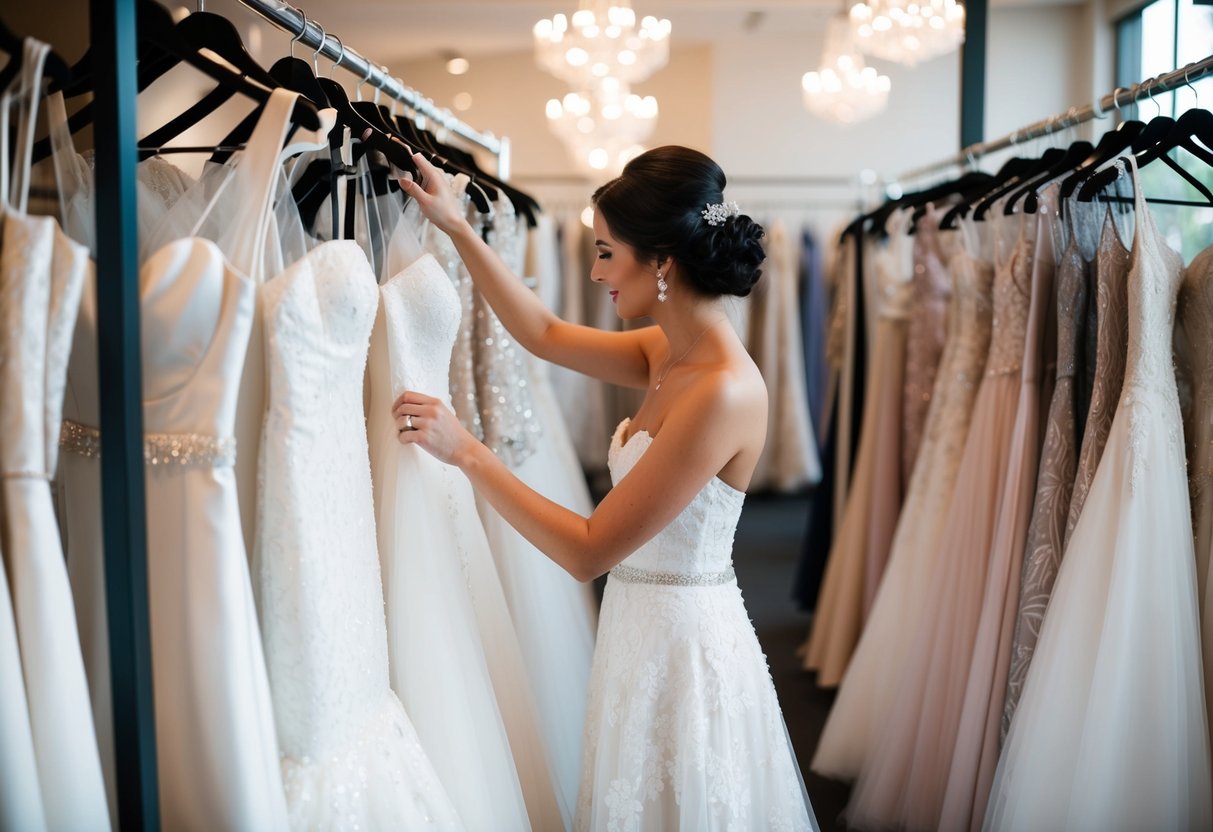 A bride browsing through a rack of wedding dresses, surrounded by elegant gowns in a boutique setting