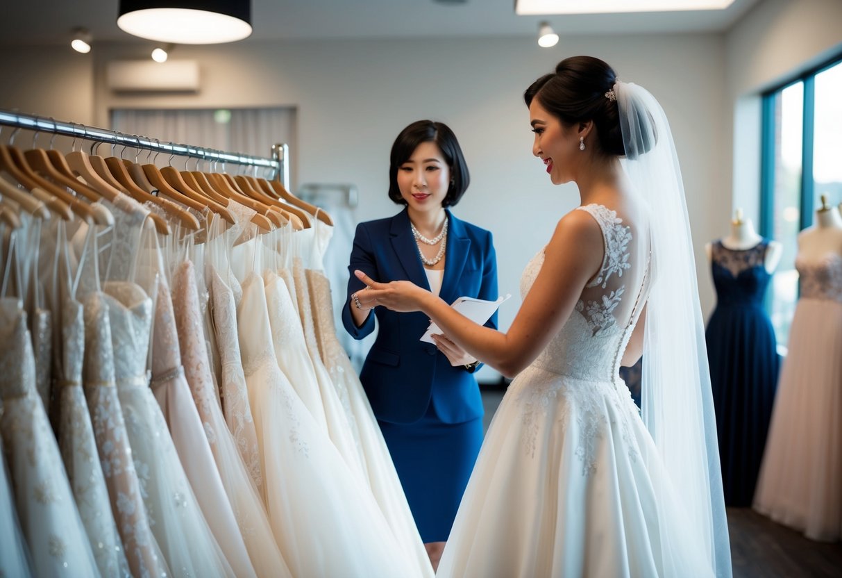 A bride browsing through a rack of wedding dresses, speaking with a rental consultant, and reviewing pricing options