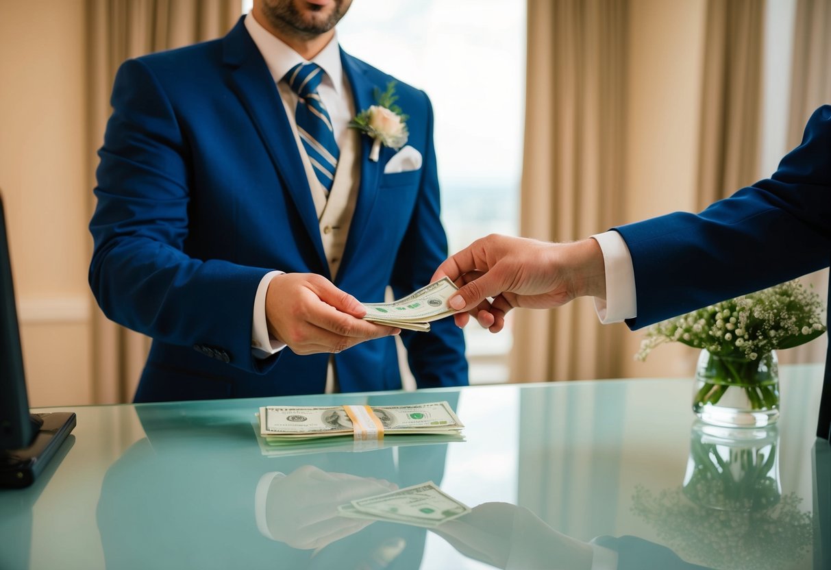 The groom hands over money to the hotel receptionist