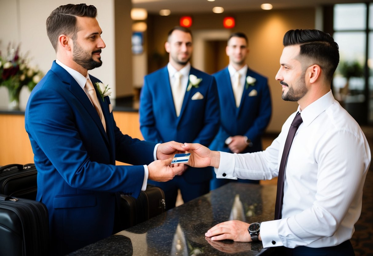 The groom hands over his credit card to the hotel clerk, while the groomsmen wait in the lobby with their luggage