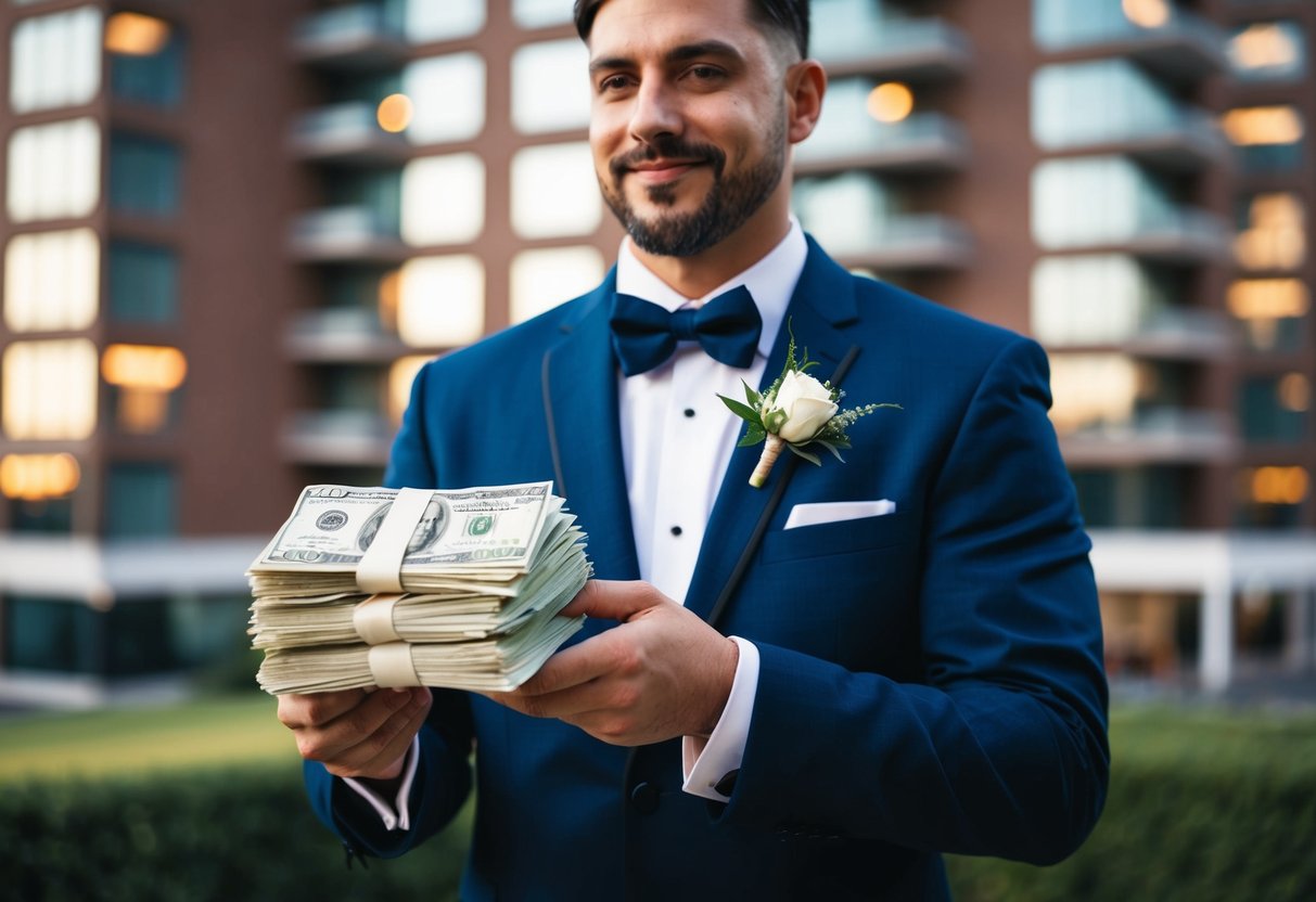 A groom holding a stack of bills, with a hotel in the background