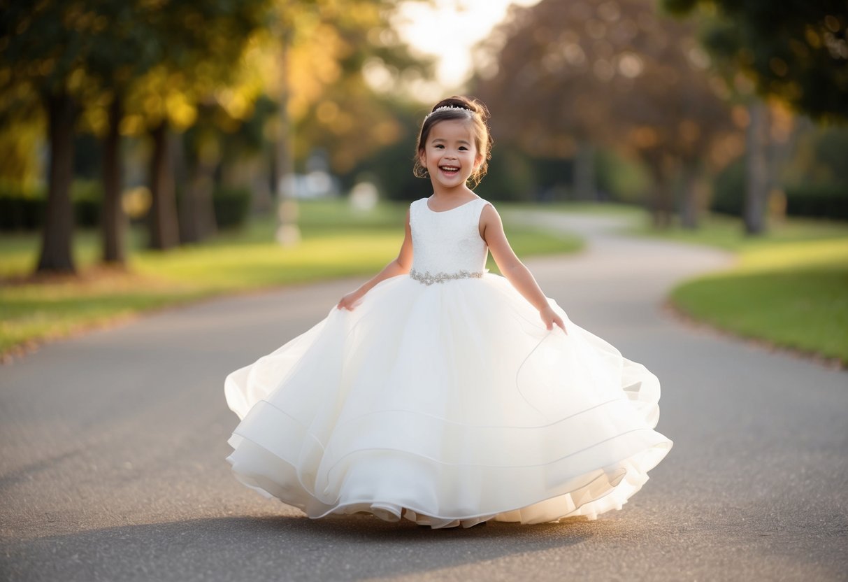 A petite bride twirls in a grand ball gown, the skirt billowing around her as she smiles joyfully