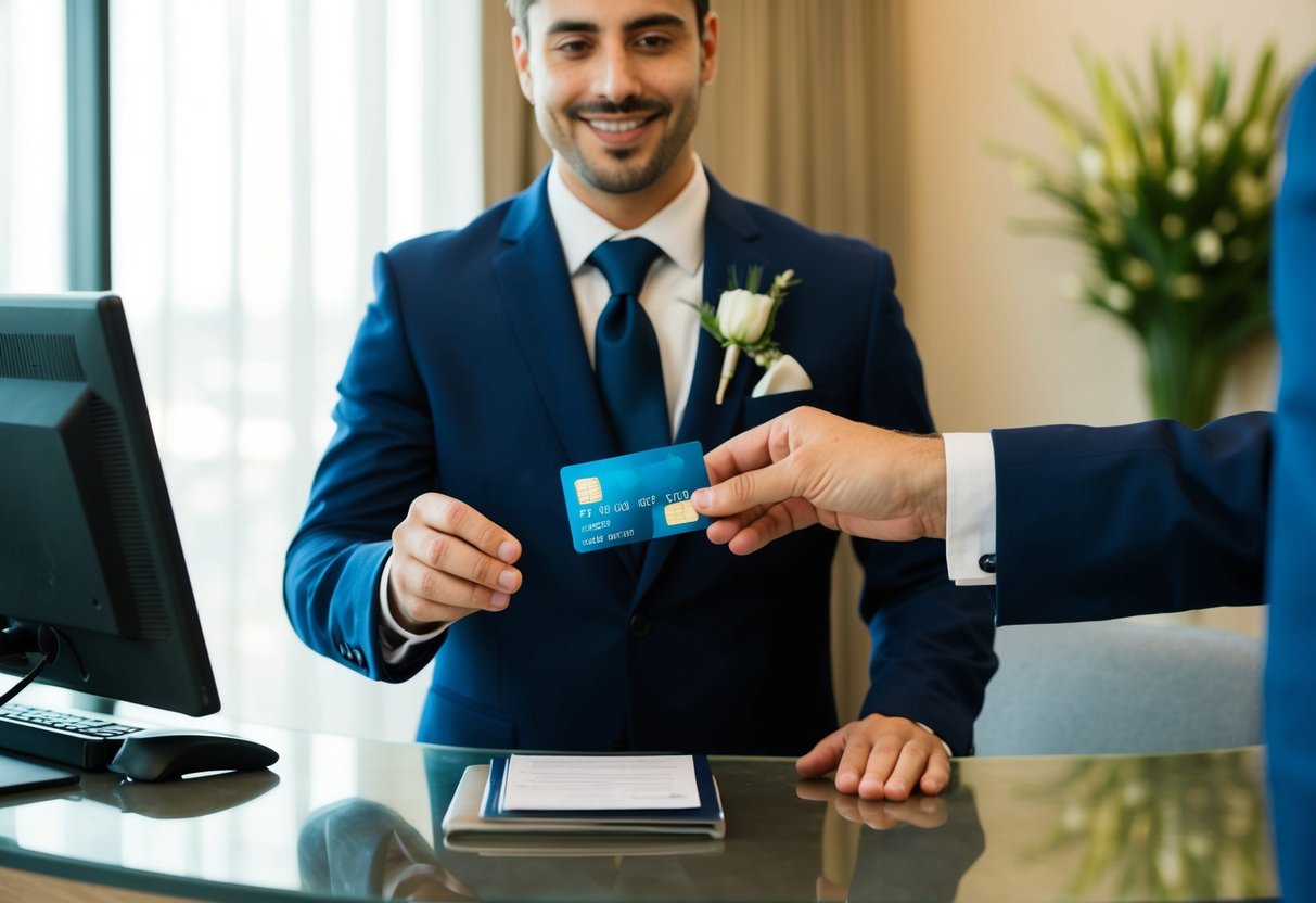 The groom hands over his credit card to the hotel receptionist, covering the cost of the groomsmen's rooms for the wedding weekend