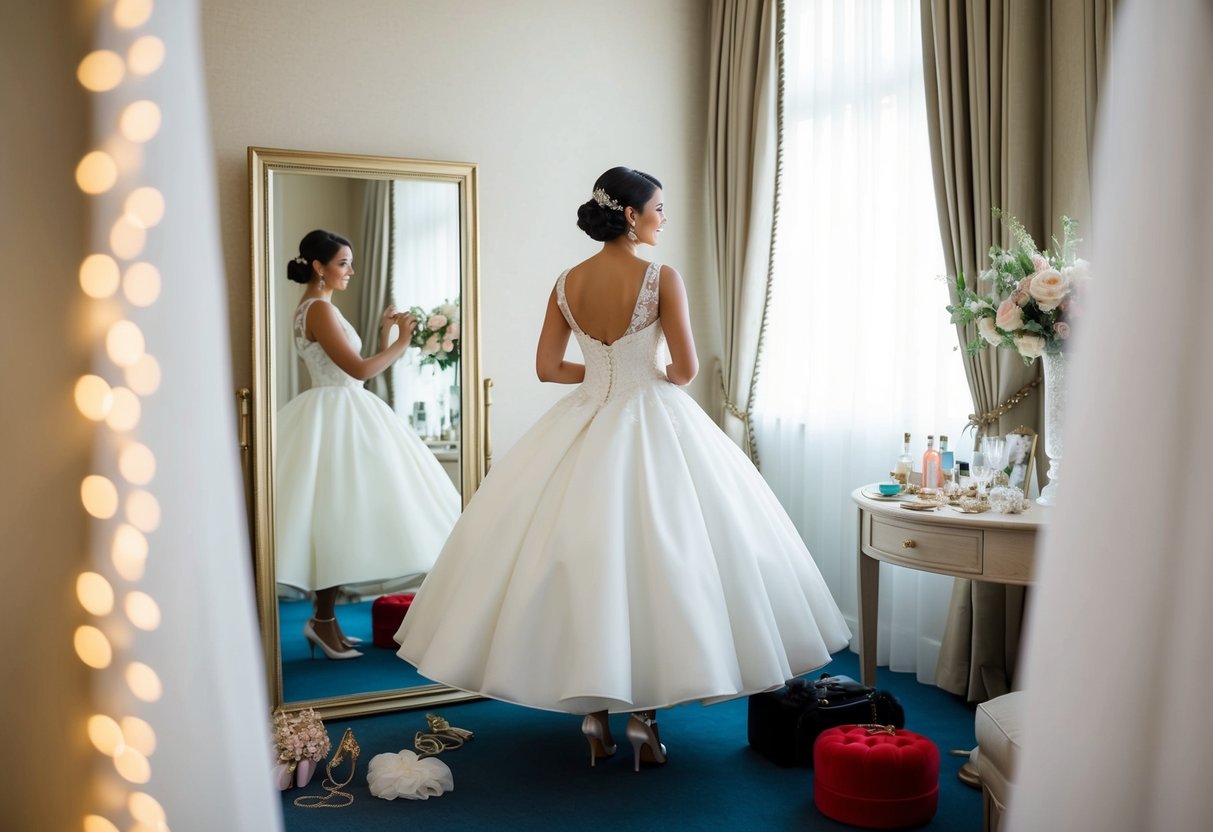 A short bride stands in a ball gown, surrounded by various accessories. She looks in the mirror, considering how to complement her gown and figure