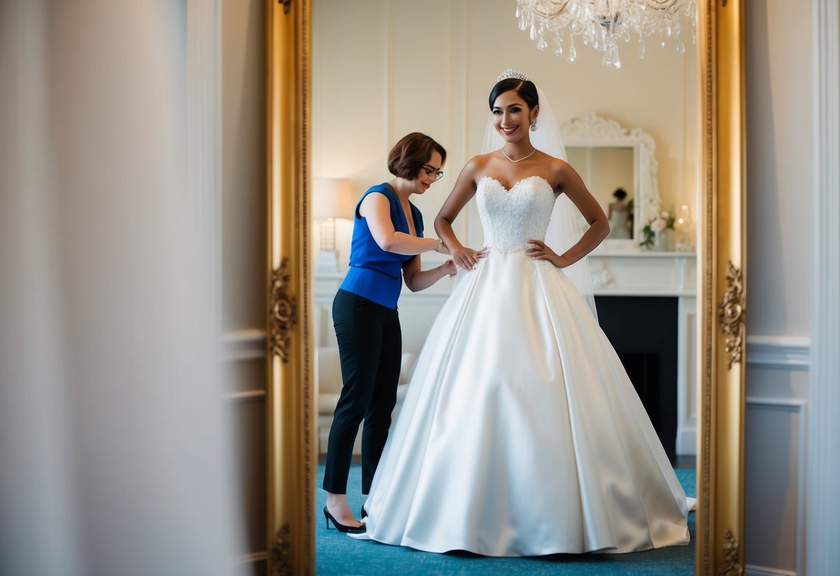 A short bride stands in front of a full-length mirror, wearing a ball gown. A seamstress expertly pins the hem for the perfect fit