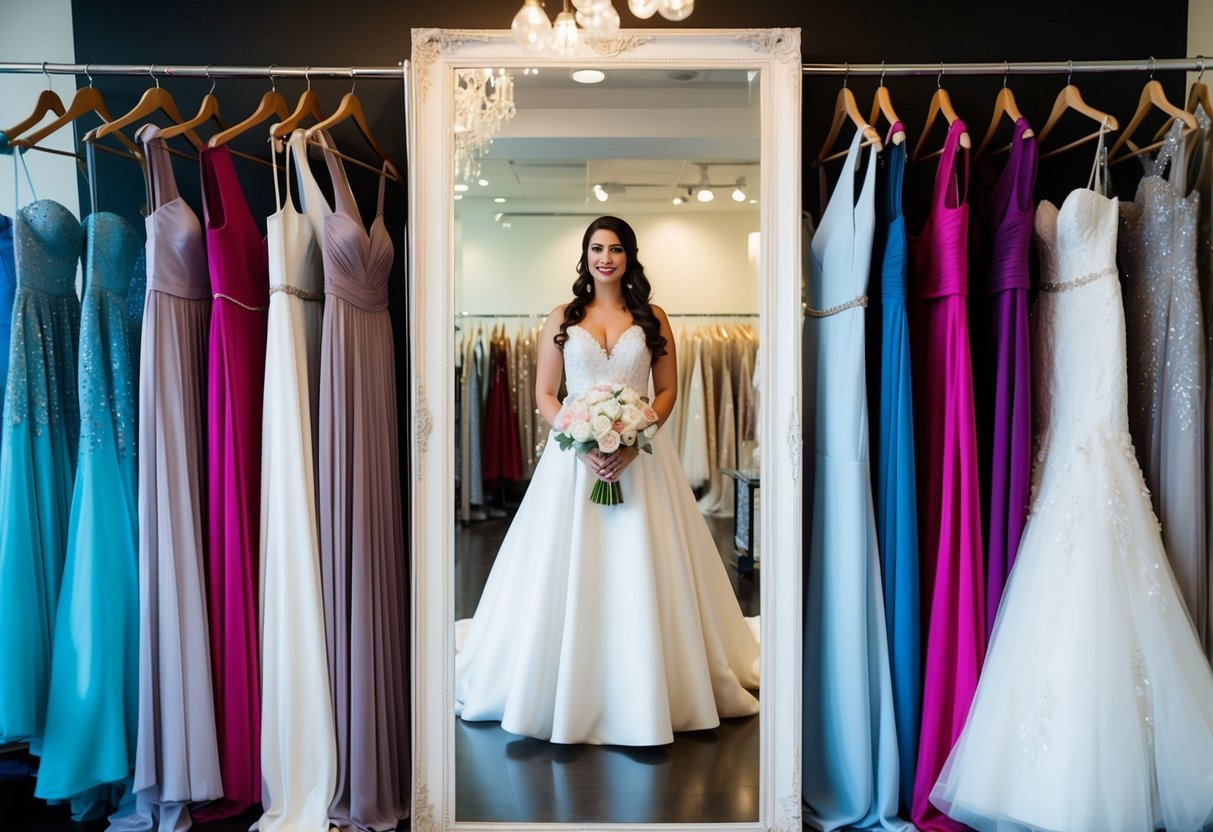 A bride stands in front of a full-length mirror in a bridal boutique, surrounded by racks of wedding dresses in various styles and colors