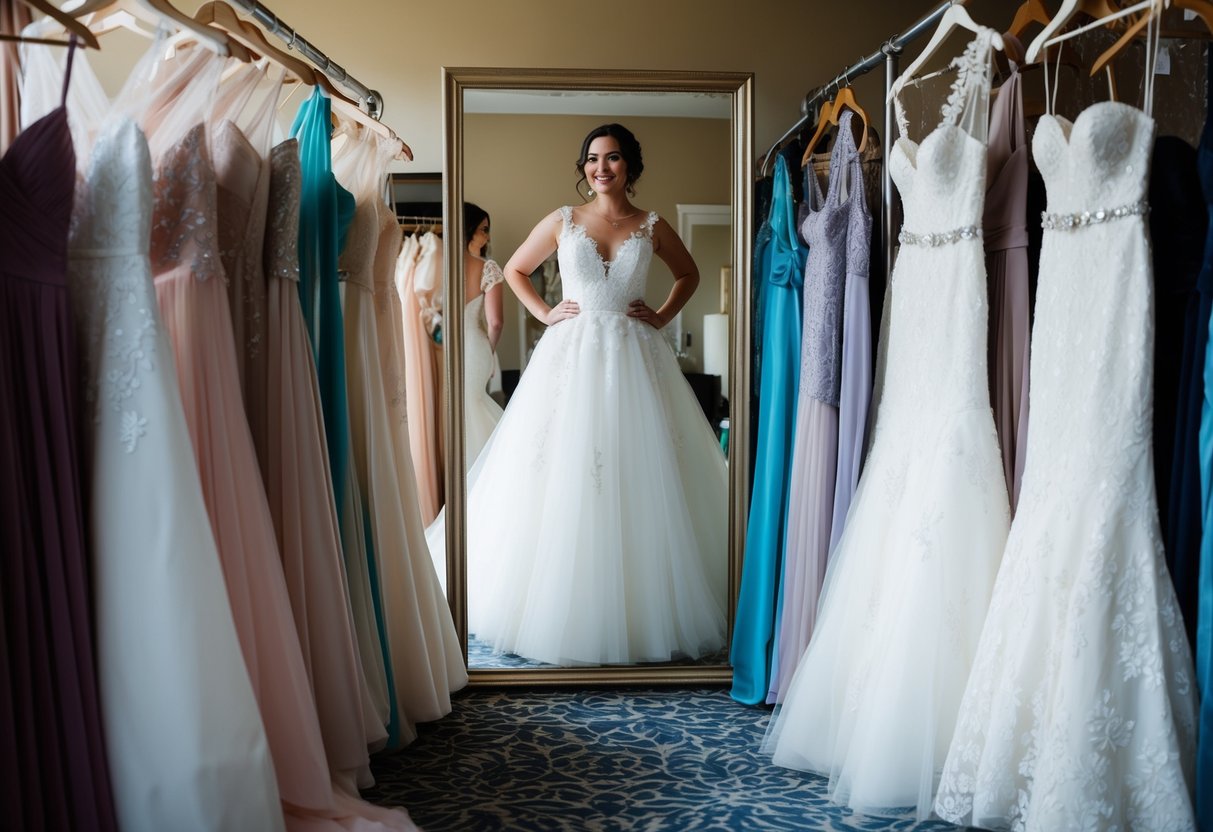 A bride-to-be surrounded by a variety of wedding dresses, standing in front of a mirror, trying on different gowns to determine her timeline for purchasing