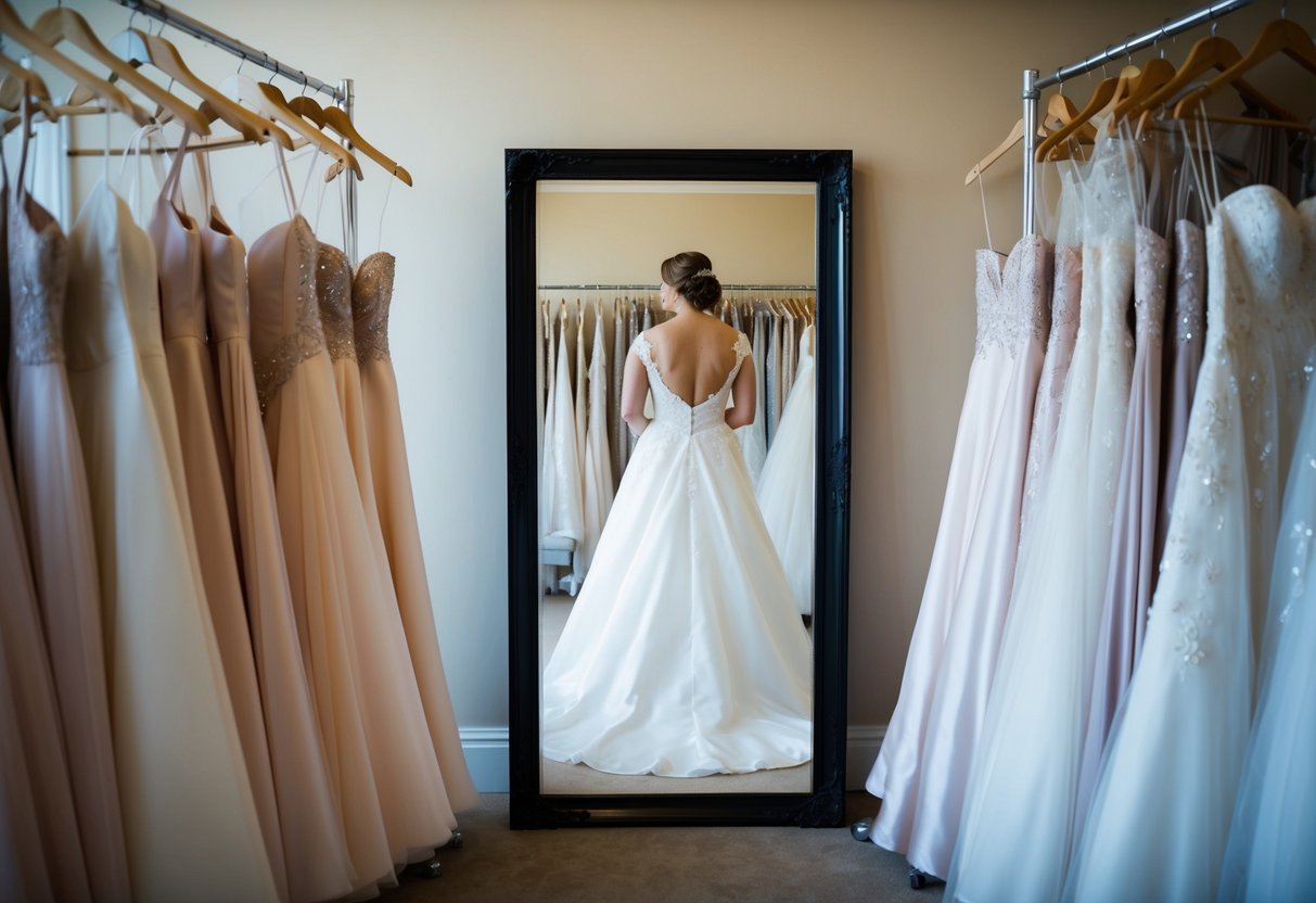 A bride stands in front of a full-length mirror surrounded by racks of wedding dresses, contemplating her choices