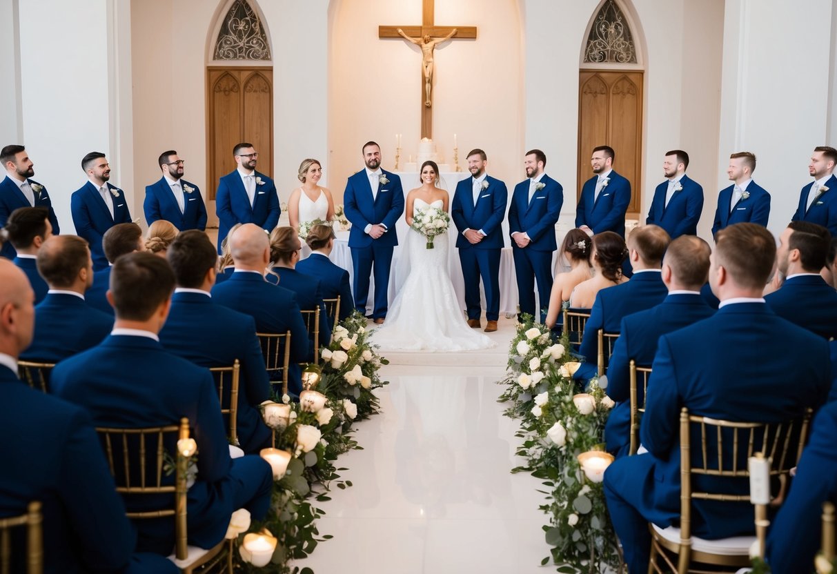 Groomsmen and bridesmaids sit in two rows facing the altar during the ceremony