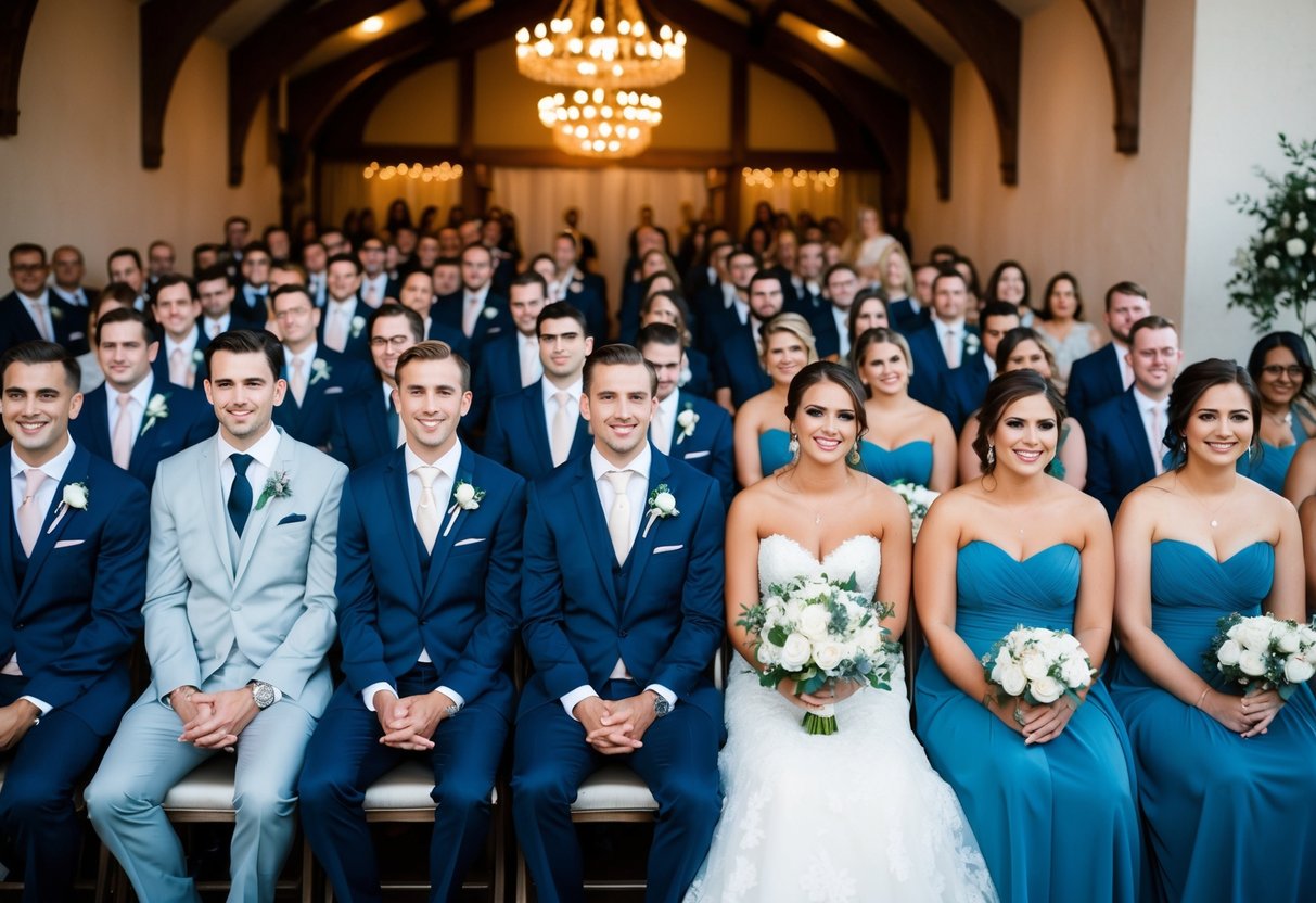 The groomsmen and bridesmaids sit in alternating rows, with the groomsmen on the left and the bridesmaids on the right, facing the front of the ceremony