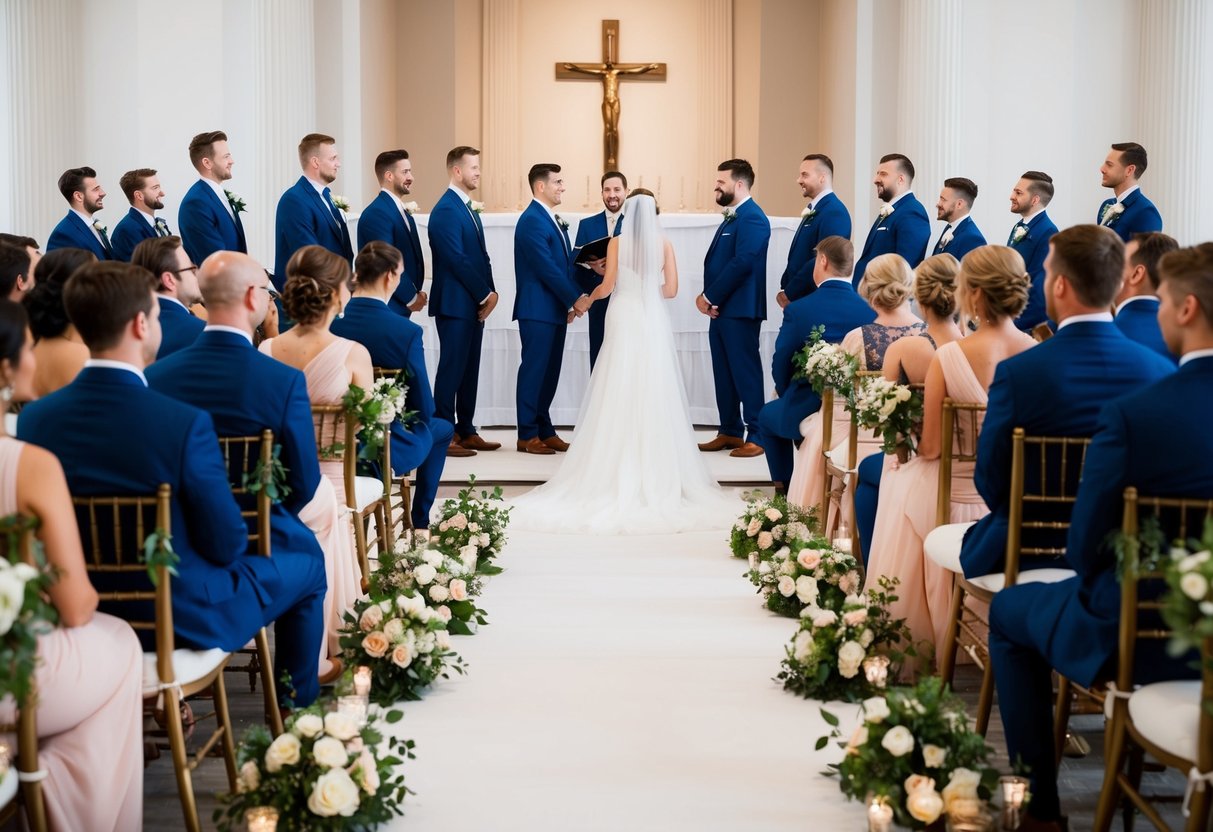 Groomsmen and bridesmaids sit on opposite sides, facing the altar, during the ceremony