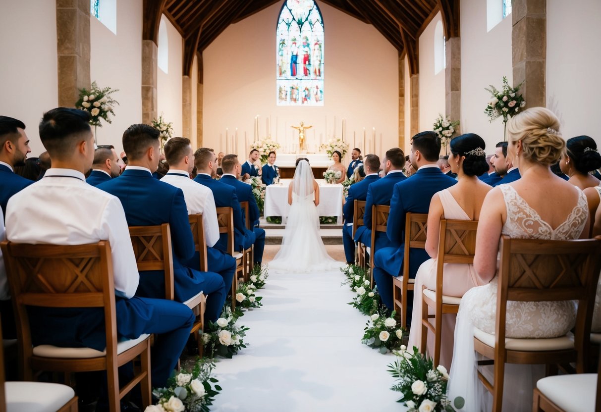 Groomsmen and bridesmaids seated in designated areas during the ceremony, facing the altar