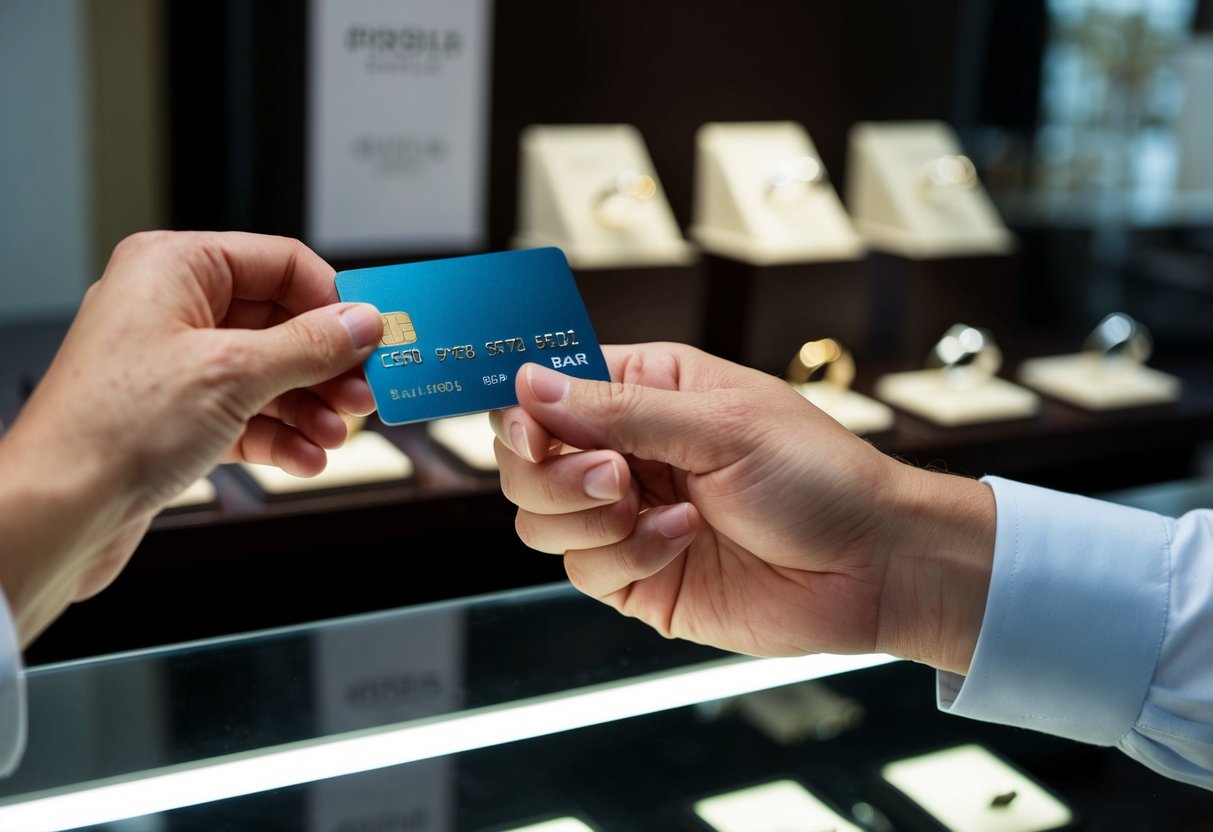 A hand holding a credit card over a jewelry store counter, with a display of men's wedding bands in the background
