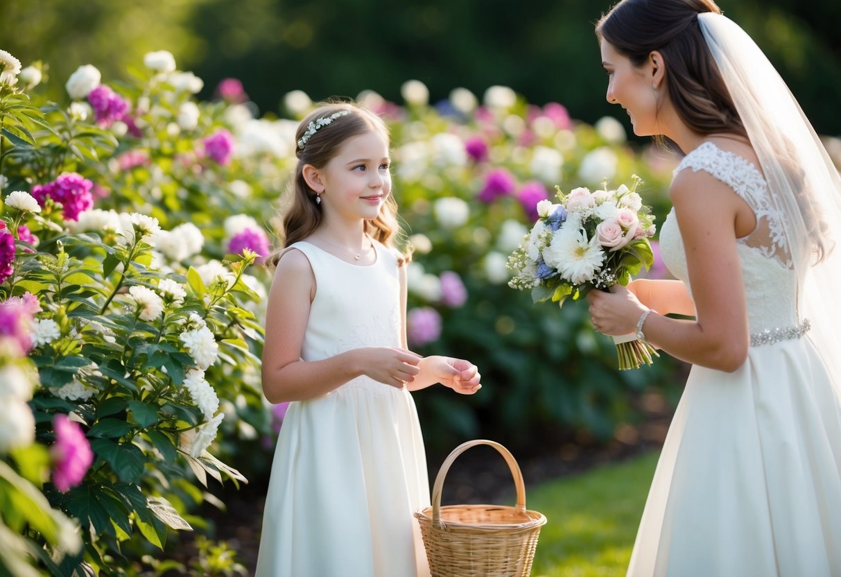 A young girl stands among blooming flowers, holding a basket. A woman in a wedding gown looks on, offering her a bouquet