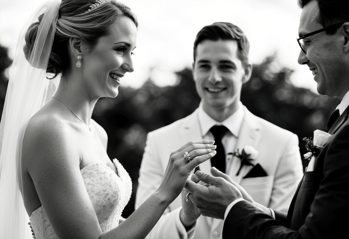 The bride presents the ring to the groom, offering it with a gesture of love and commitment