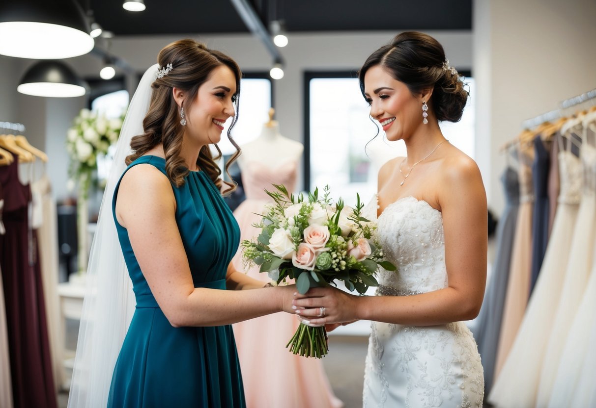 A bridesmaid holding a bouquet and paying for her own dress at a bridal boutique