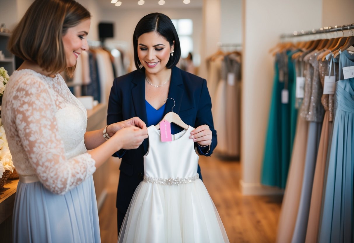 A parent holding a flower girl dress while looking at a price tag in a wedding boutique