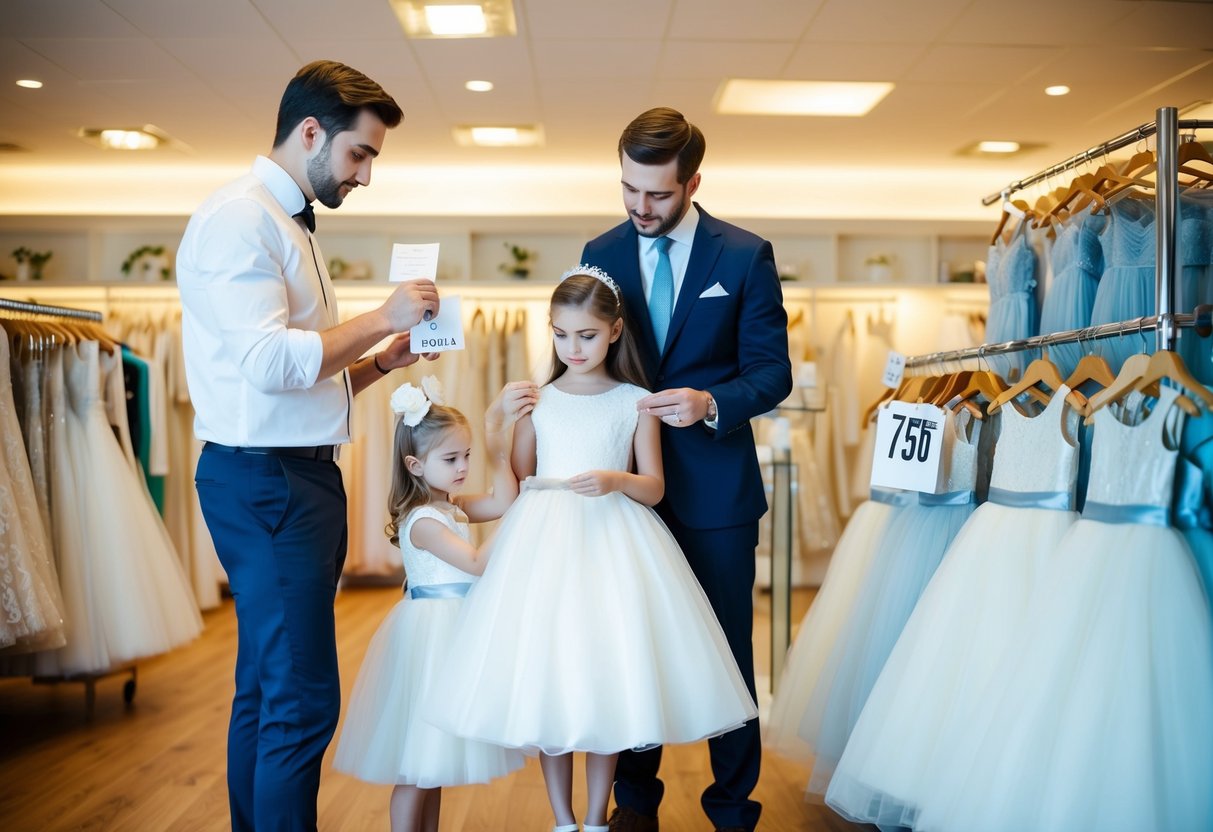 A parent and a couple stand discussing the cost of a flower girl dress in a wedding shop. The parent holds a dress while the couple looks at price tags