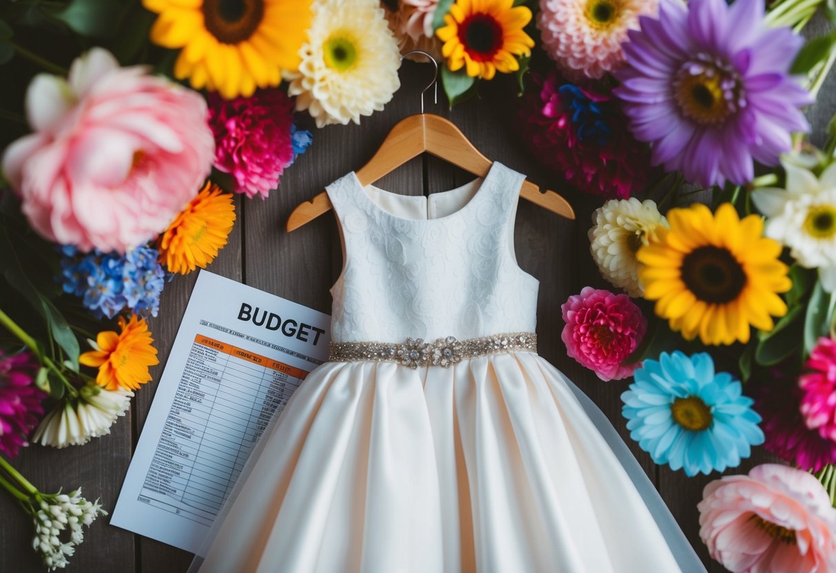 A flower girl dress hanging on a hanger, surrounded by colorful flower arrangements and a budget spreadsheet