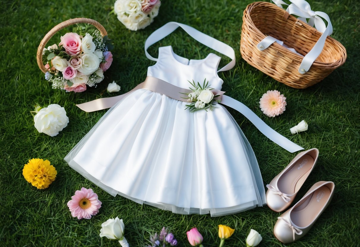 A flower girl's dress surrounded by various accessories, including a basket of flowers, a ribbon sash, and a pair of ballet flats