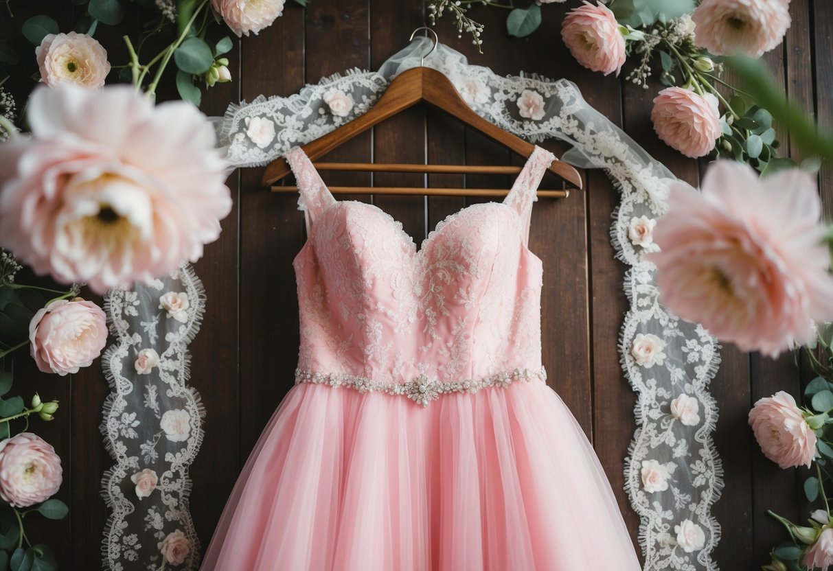 A pink wedding dress hangs on a vintage wooden hanger, surrounded by delicate lace and flower embellishments