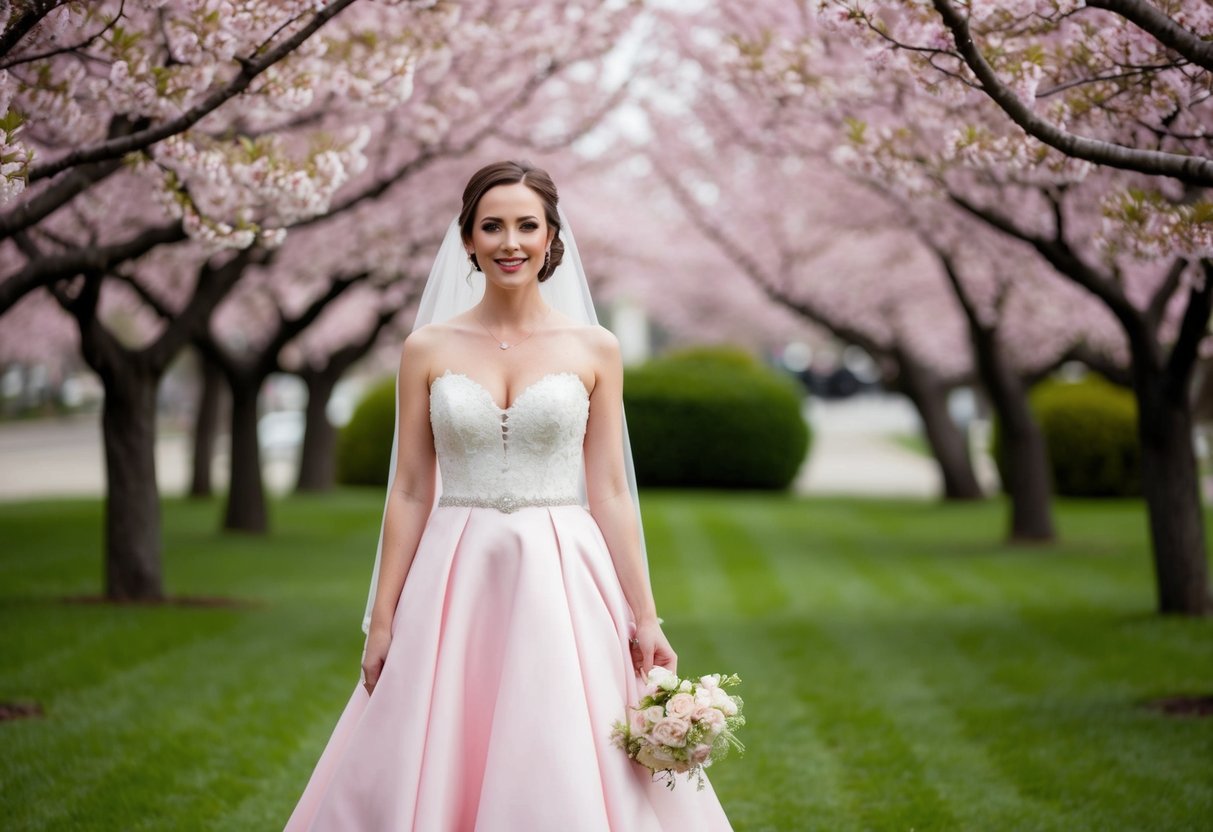 A bride in a pink wedding dress stands in a garden surrounded by blooming cherry blossom trees, symbolizing love, femininity, and romance