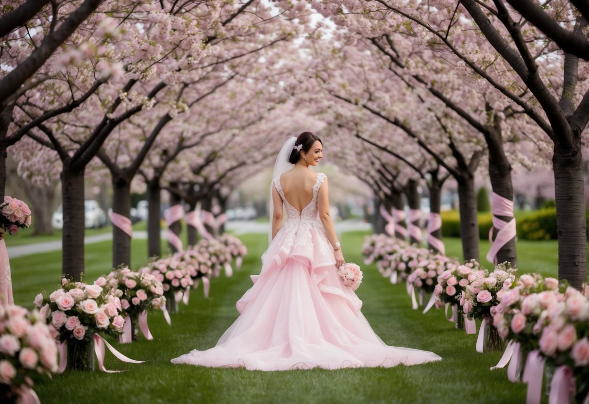 A bride in a flowing pink wedding dress stands beneath a canopy of blooming cherry blossoms, surrounded by pink roses and ribbons
