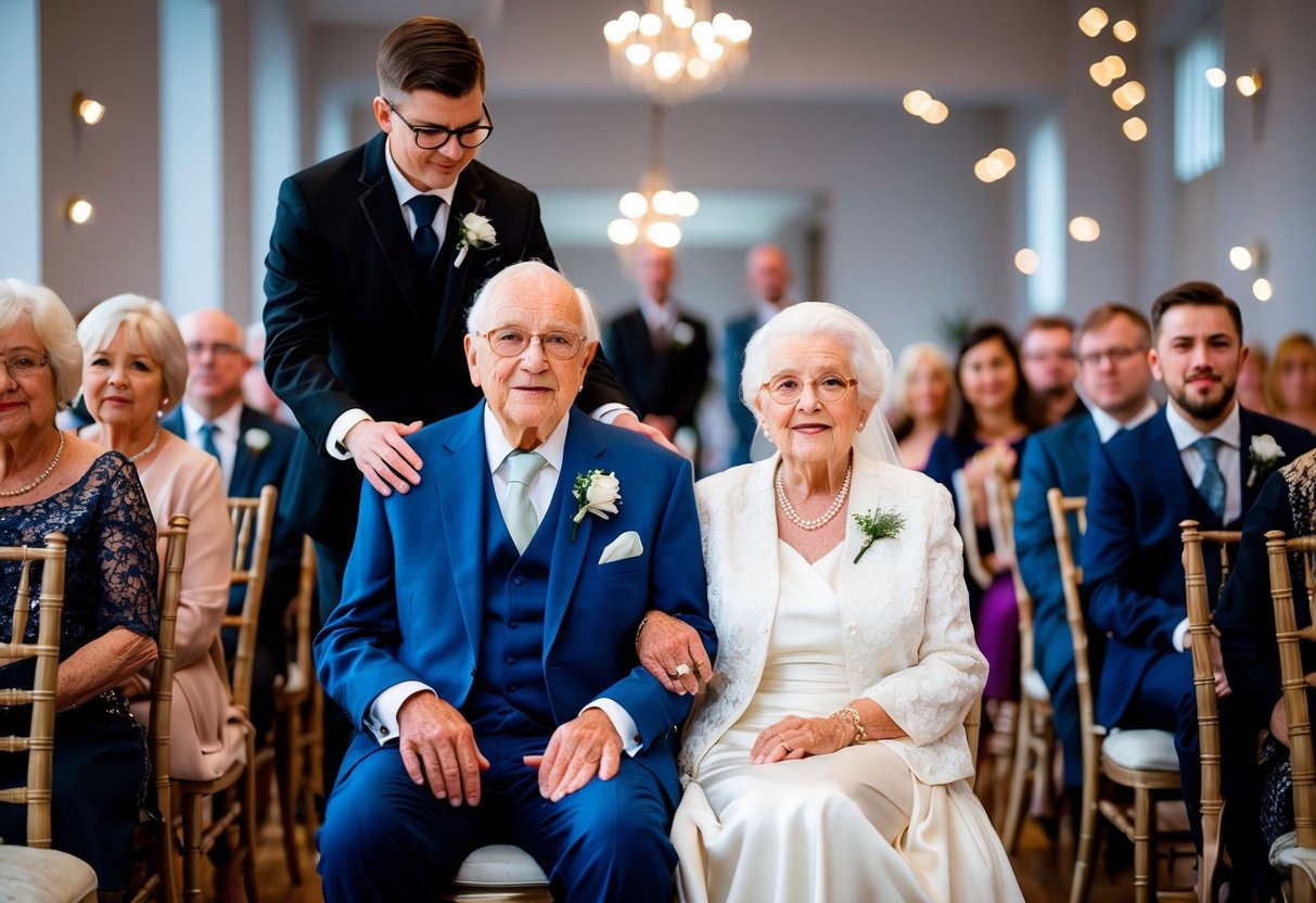 The elderly couple is seated first at the wedding, guided by a young usher