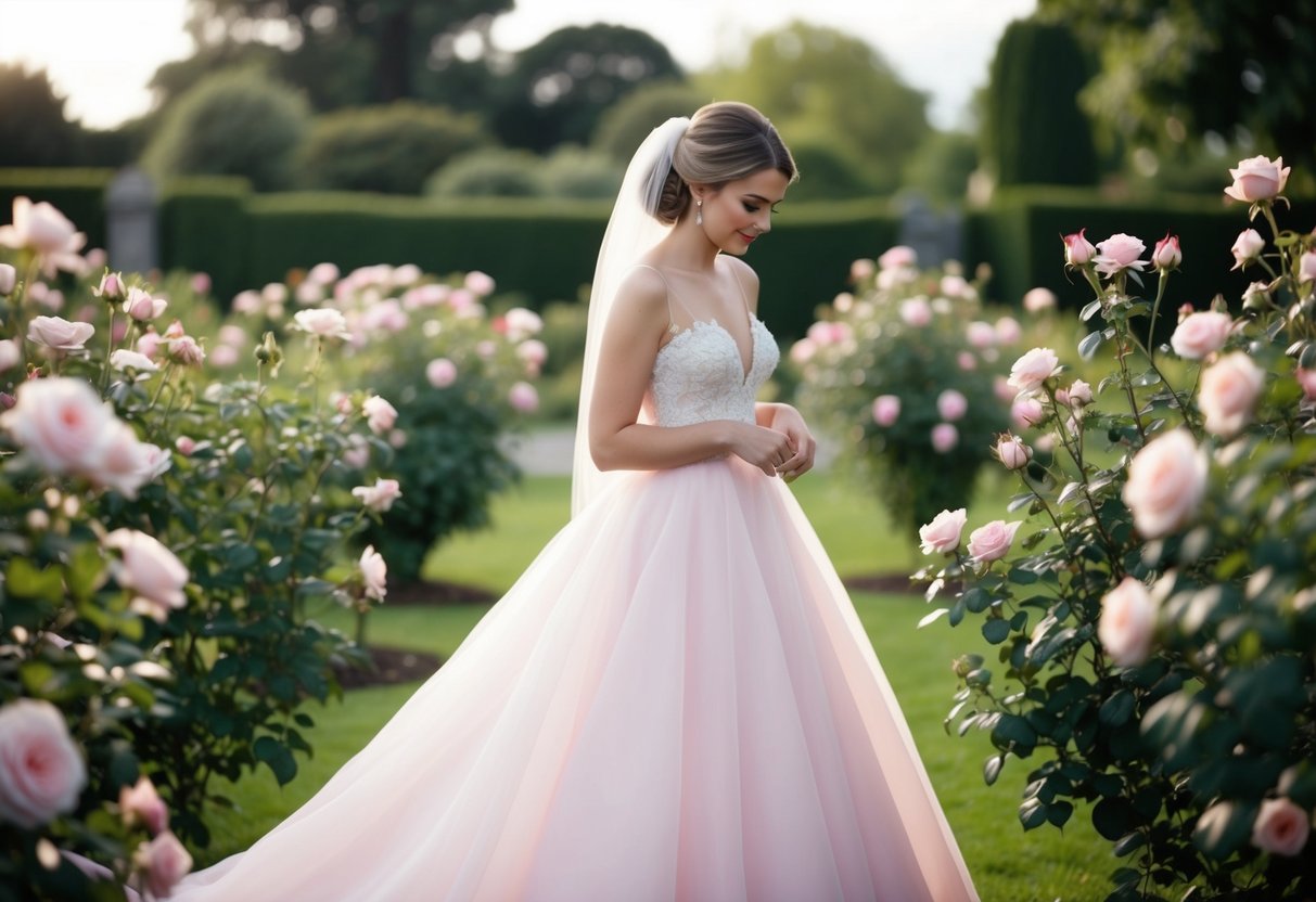 A modern bride stands in a garden, surrounded by blooming pink roses, as she admires her flowing pink wedding dress
