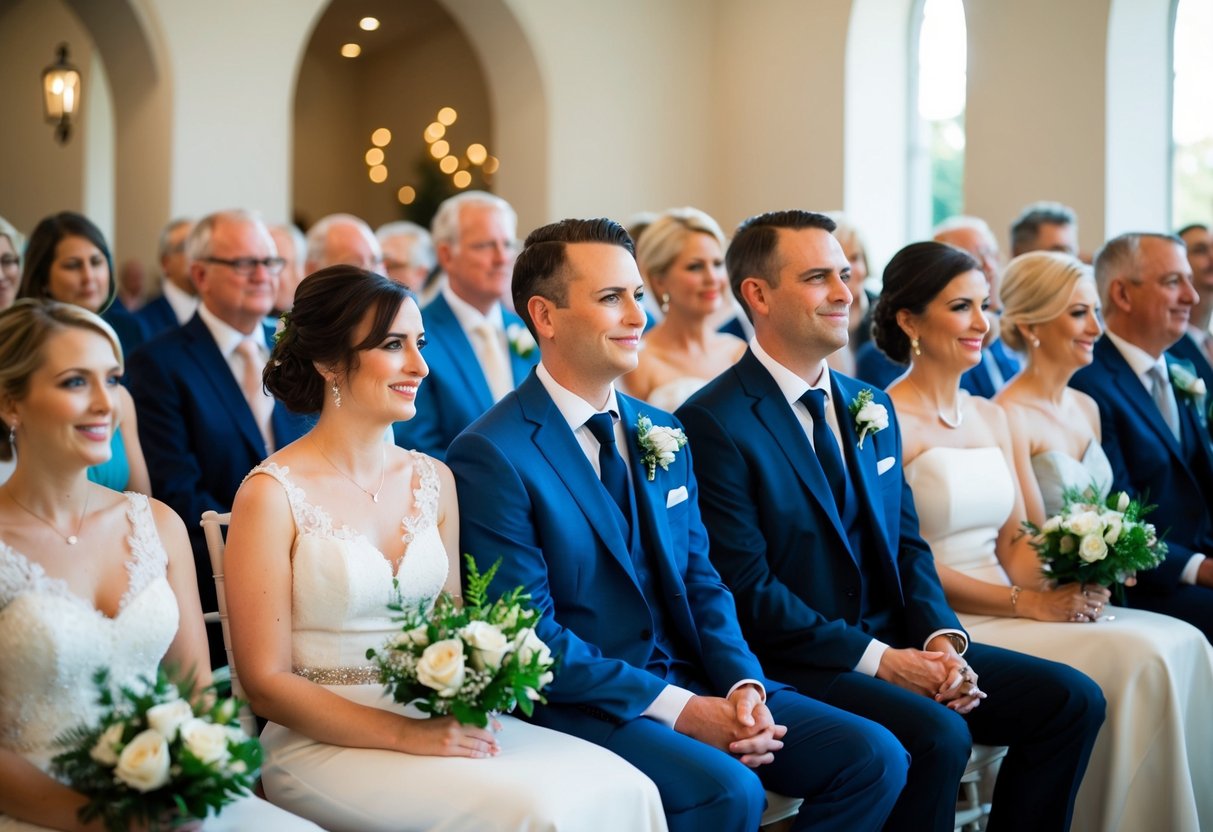 The bride's family gets seated first, followed by the groom's family, as the wedding ceremony begins
