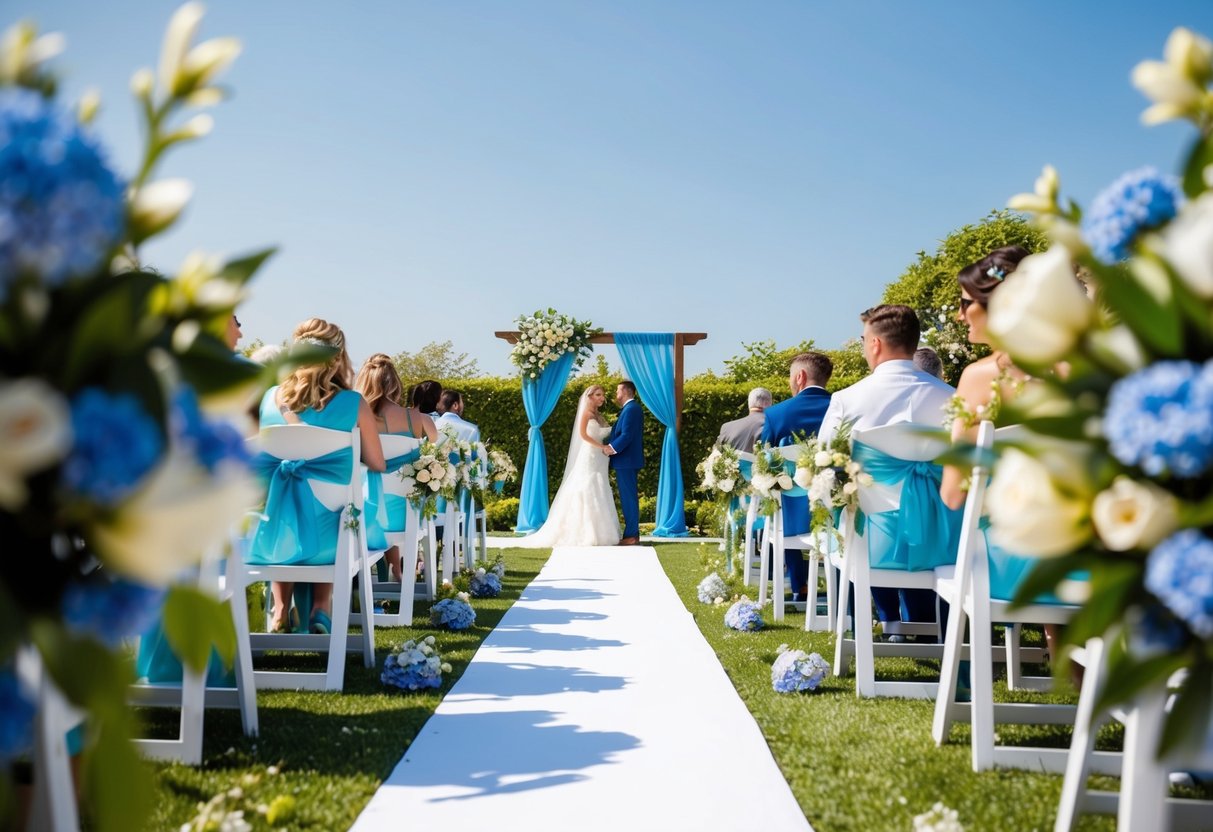A sunny outdoor wedding with a blue color scheme, surrounded by blooming flowers and greenery
