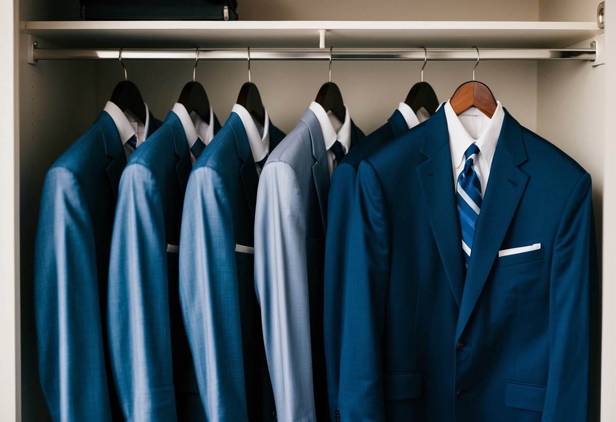 A row of matching suits hanging in a closet, with a father's suit next to the groomsmen's