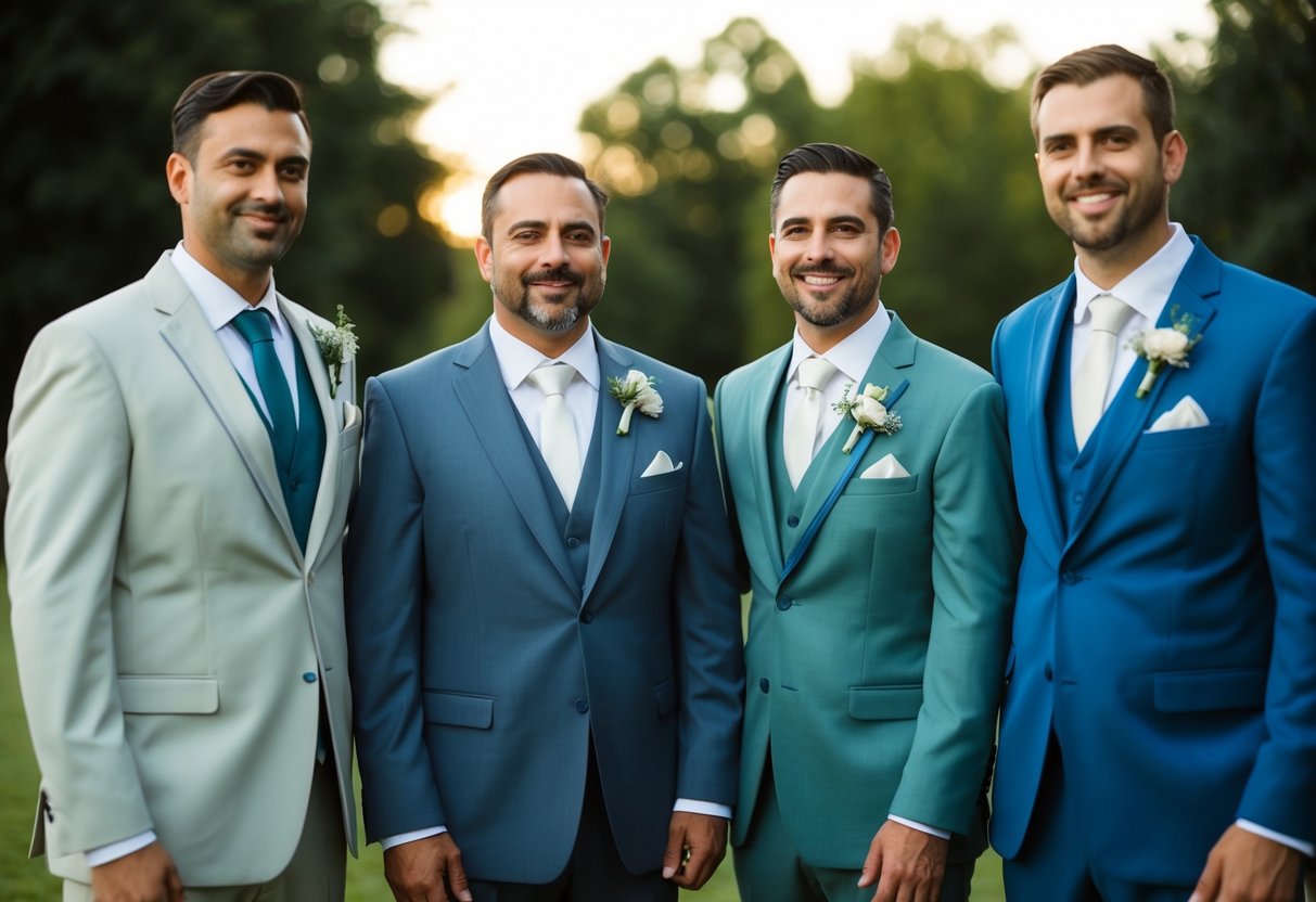 A father and groomsmen stand side by side, wearing matching suits in different shades, showcasing their understanding of wedding attire etiquette