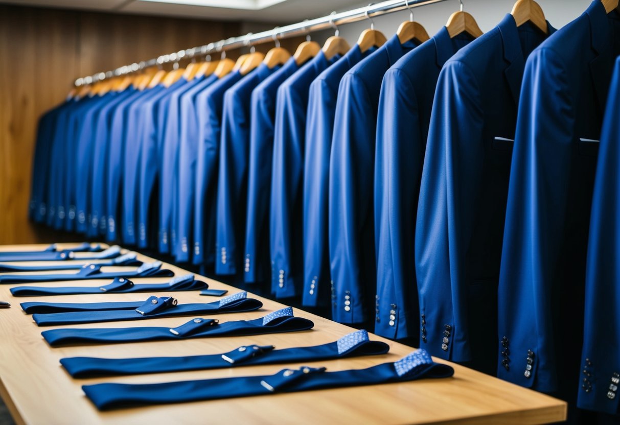 A row of matching suits hanging on a rack, with ties and pocket squares laid out on a table for accessorizing