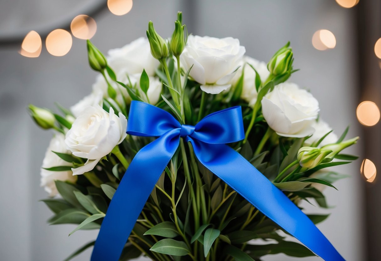 A blue ribbon tied around a bouquet of white flowers