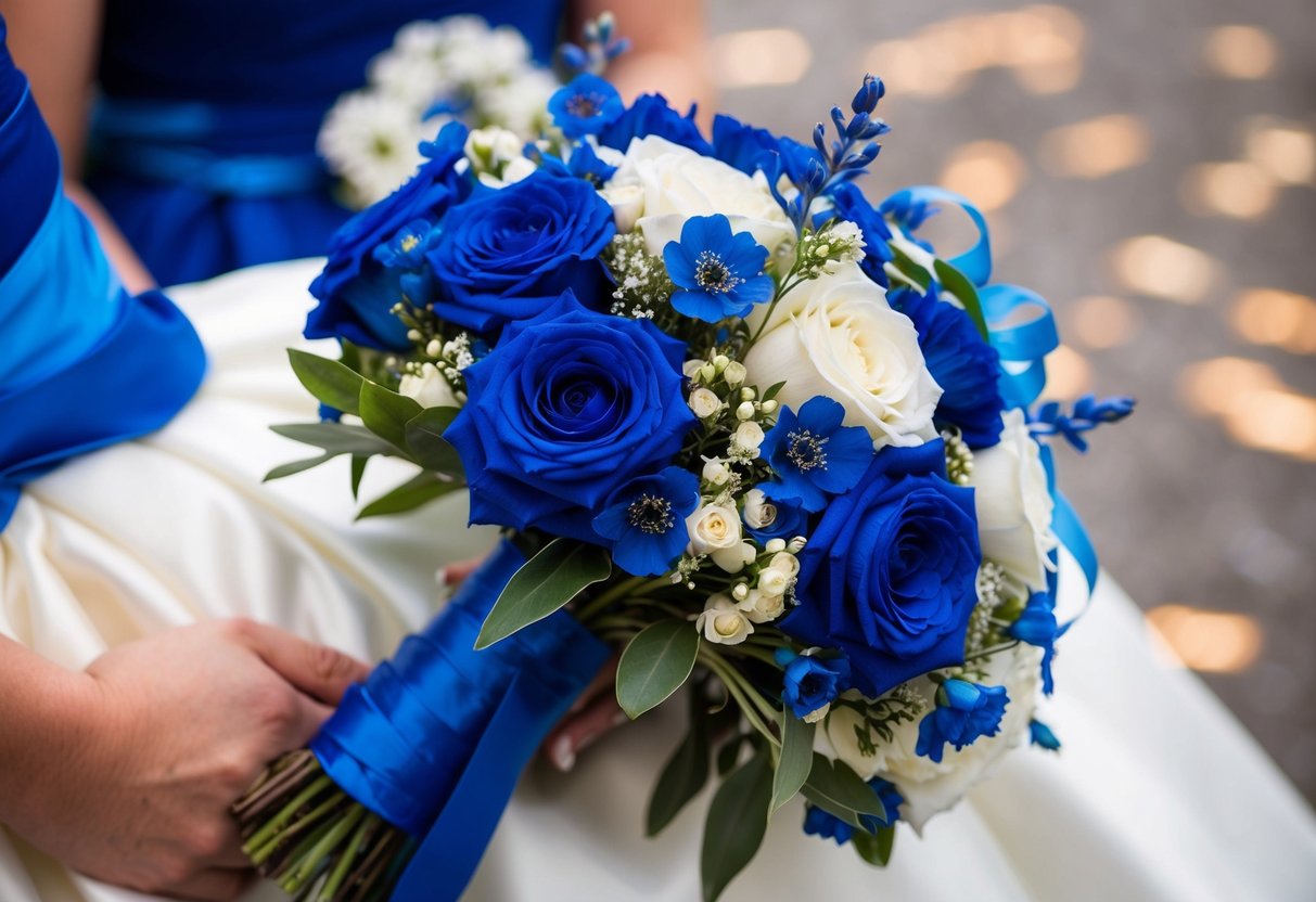 A bride's bouquet with blue flowers and ribbons