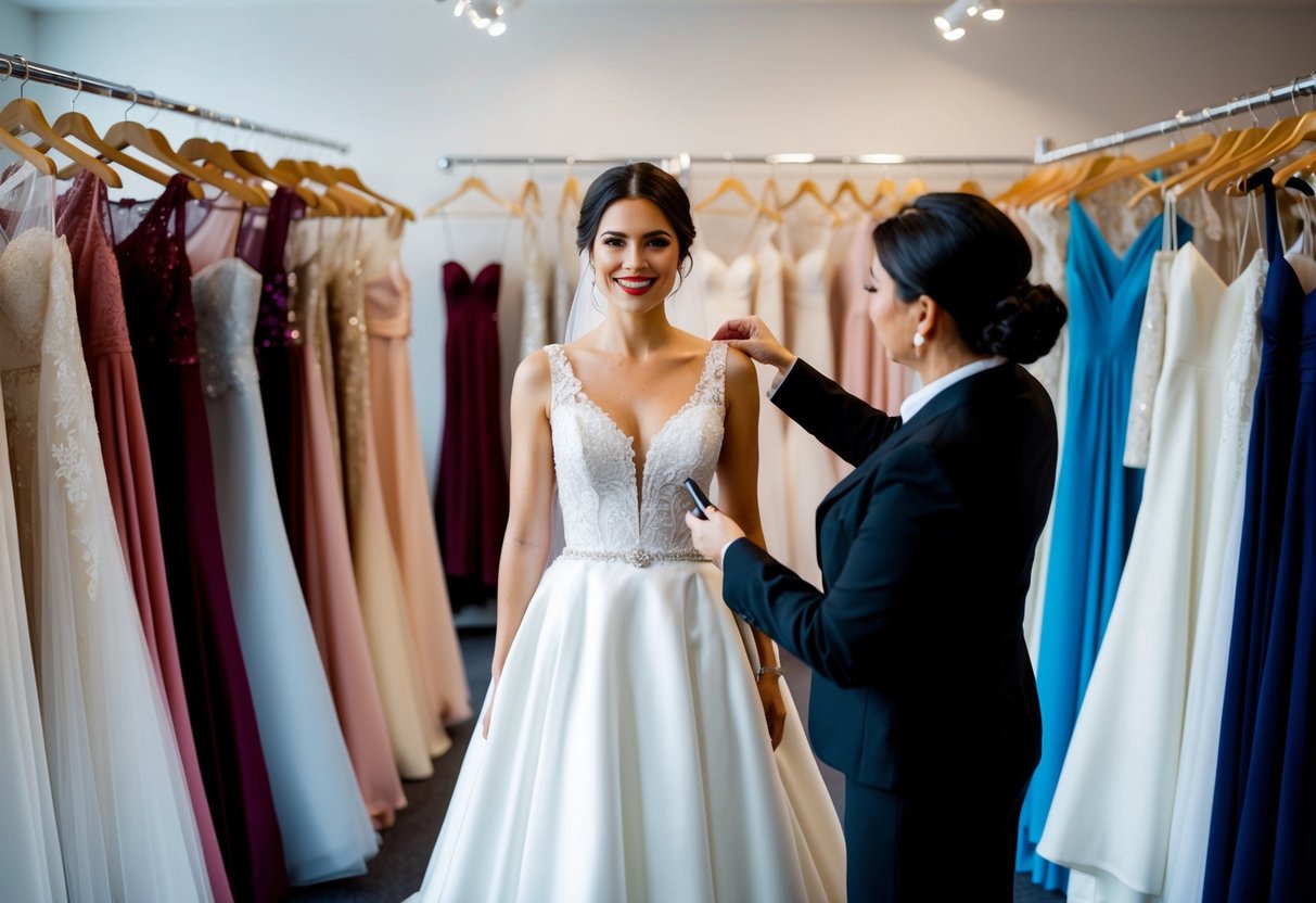 A bride standing in a boutique, surrounded by wedding dresses of various styles and colors, while a salesperson holds up a dress for her to consider
