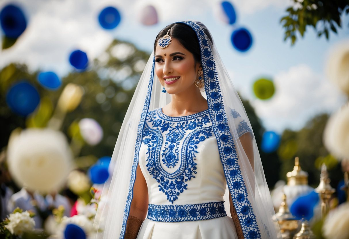 A bride's white gown adorned with blue embroidery, surrounded by a mix of cultural wedding traditions and symbols