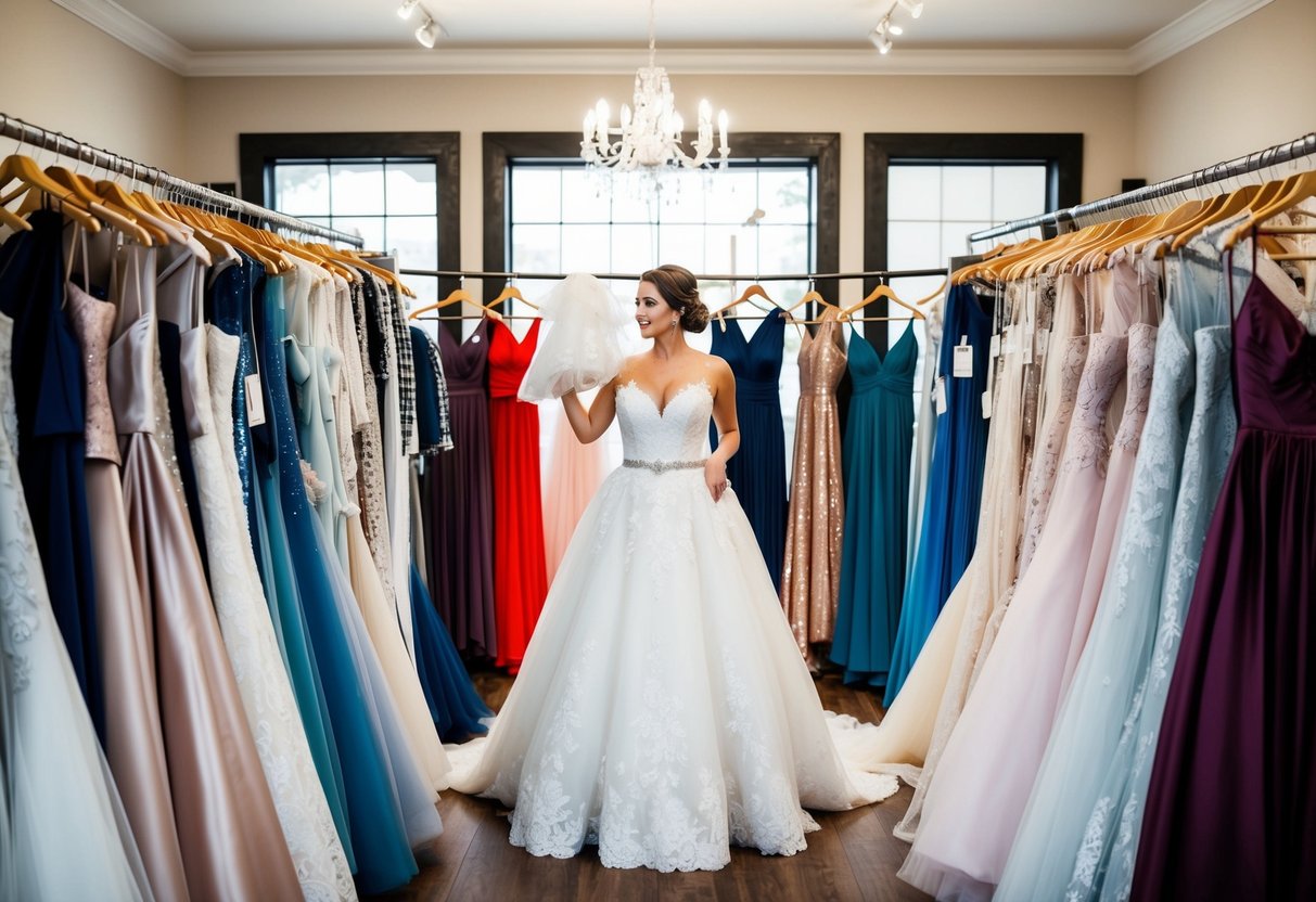 A bride standing in a bridal boutique, surrounded by racks of wedding dresses in various styles and shades. She is holding up a gown, examining the intricate details and envisioning herself walking down the aisle in it