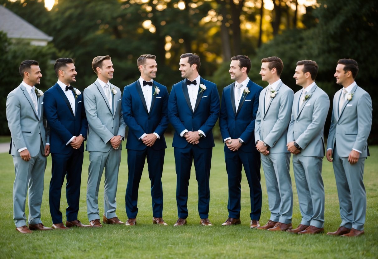 Groomsmen in tuxedos and suits stand in a row, comparing their formal attire