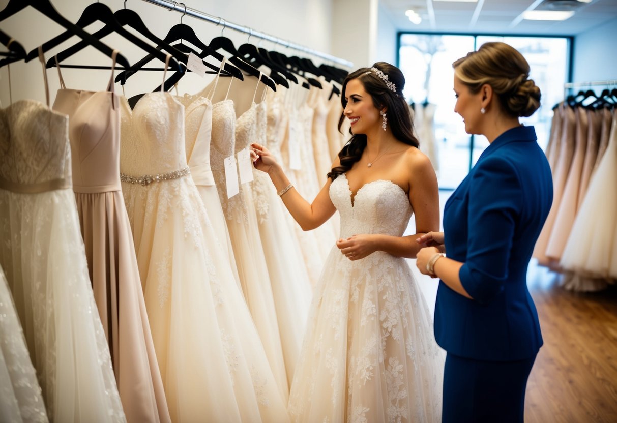 A bride standing in a bridal boutique, admiring a row of wedding dresses. She looks at price tags and consults with a salesperson