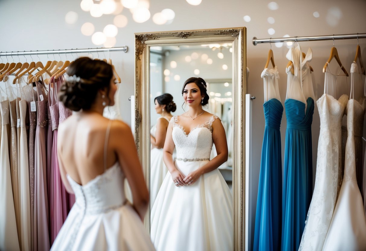 A bride standing in a boutique, trying on wedding dresses as she looks at herself in the mirror. She is surrounded by racks of beautiful gowns