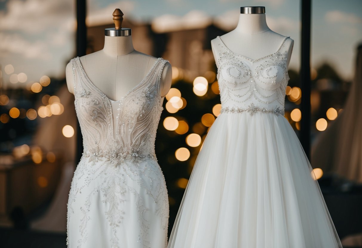 A wedding gown displayed on a mannequin, with intricate lace and beading, alongside a simpler, elegant second gown