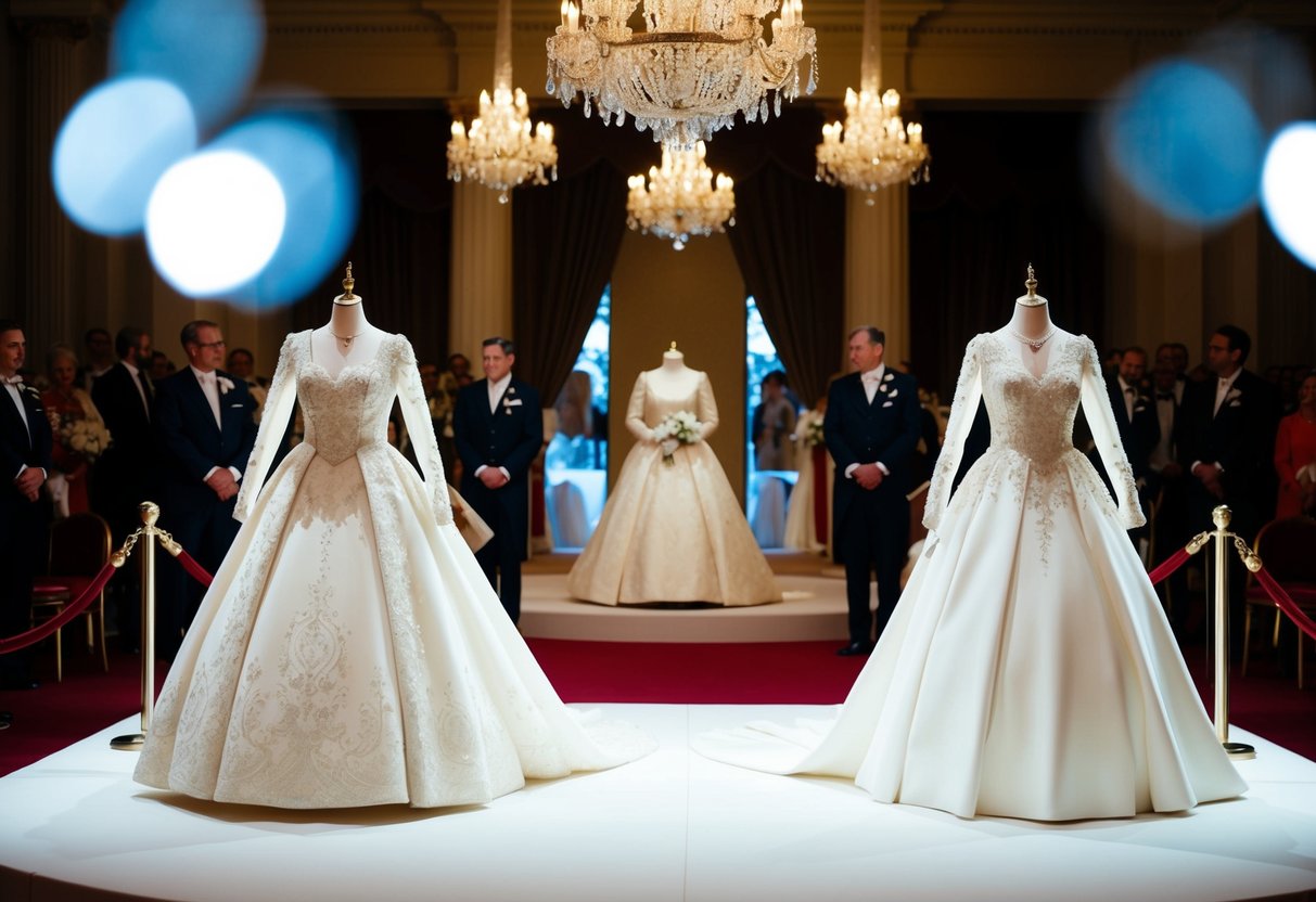 A grand royal wedding ceremony with two elegant dresses on display