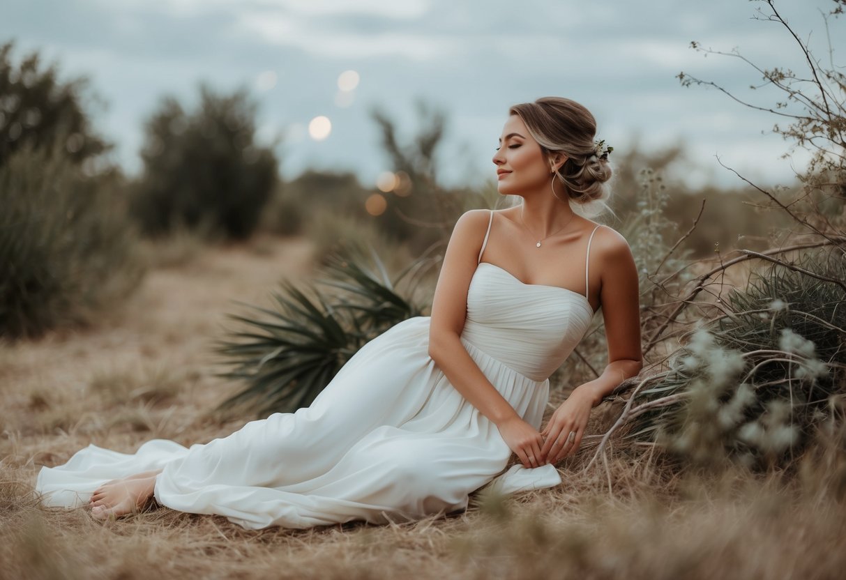 A relaxed bride in a flowing, comfortable dress, surrounded by natural elements and soft, muted colors