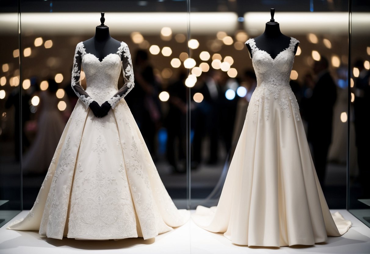 A display of two elegant wedding dresses, one traditional and one modern, symbolizing Kate Middleton's cultural impact and legacy