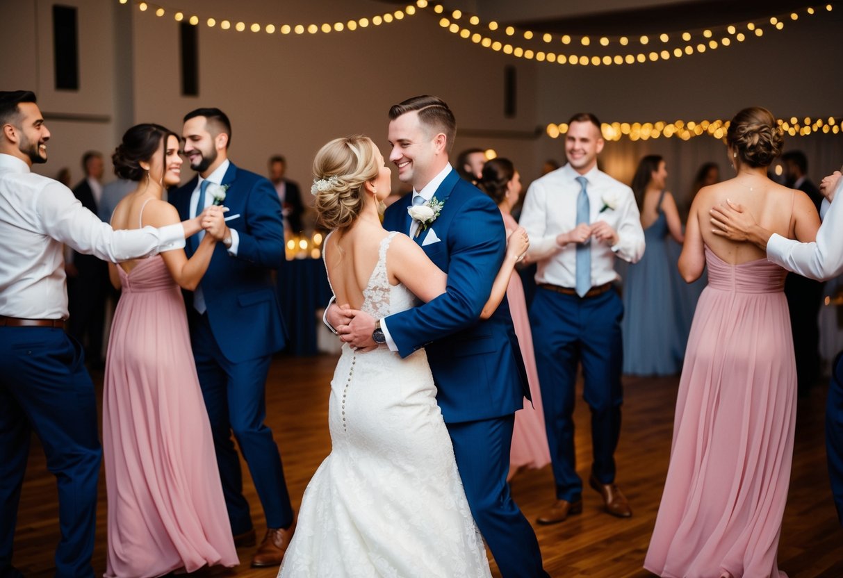 Groomsmen and bridesmaids dance together at the wedding reception