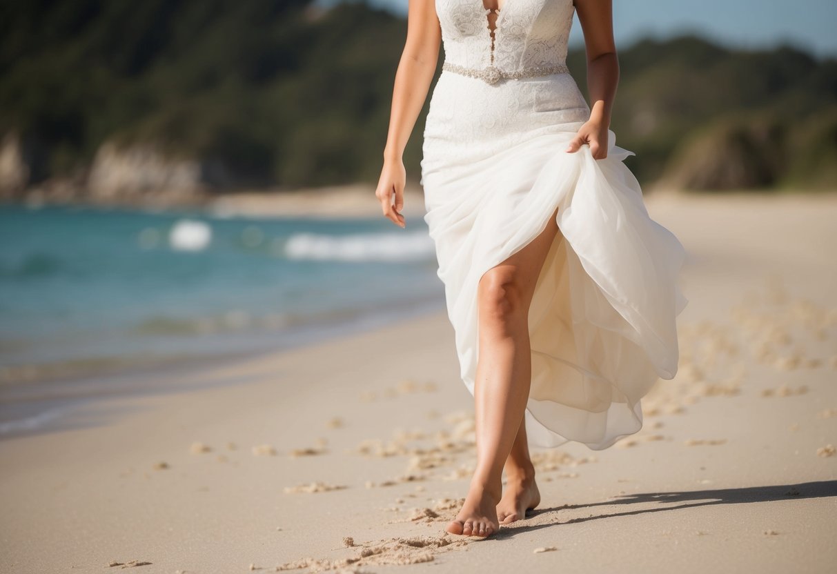 A relaxed bride strolling barefoot on a sandy beach, with a carefree and easygoing demeanor