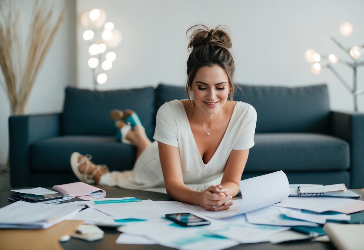 A relaxed bride with a messy bun and a casual dress, surrounded by scattered wedding planning materials and a carefree attitude
